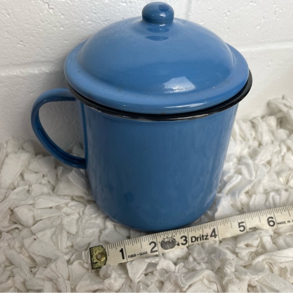 Vintage large enamelware mug with lid camping soup mug graniteware French blue - Picture 9 of 14